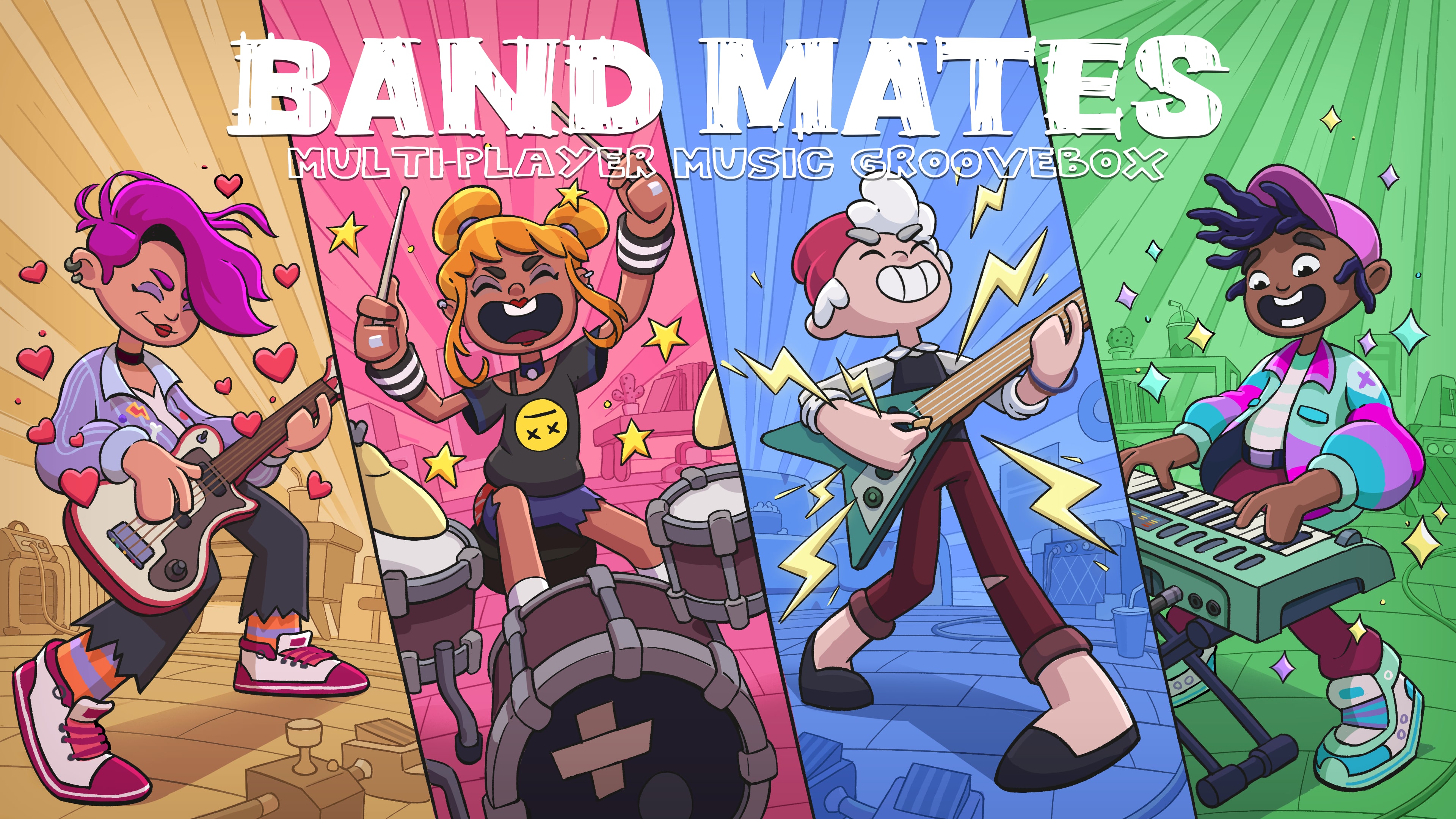 BAND MATES — the four band characters playing bass, drums, guitar and keys